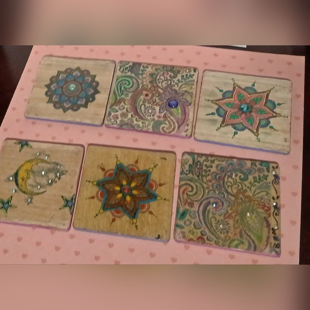 Hand Painted Decorative Square Wood Coaster Set with Colorful Paisley Design